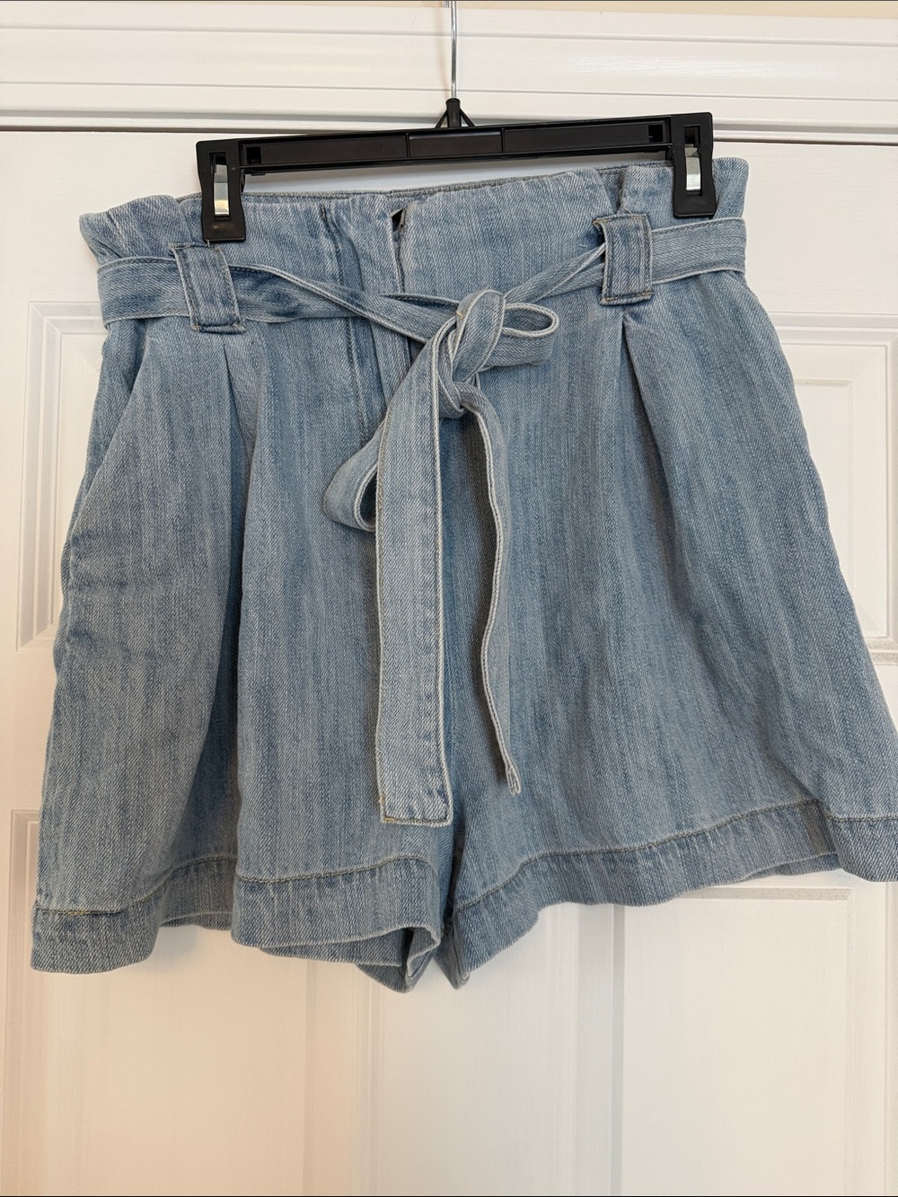 Vici Light Blue High-Waist Paperbag Denim Shorts with Tie Belt
